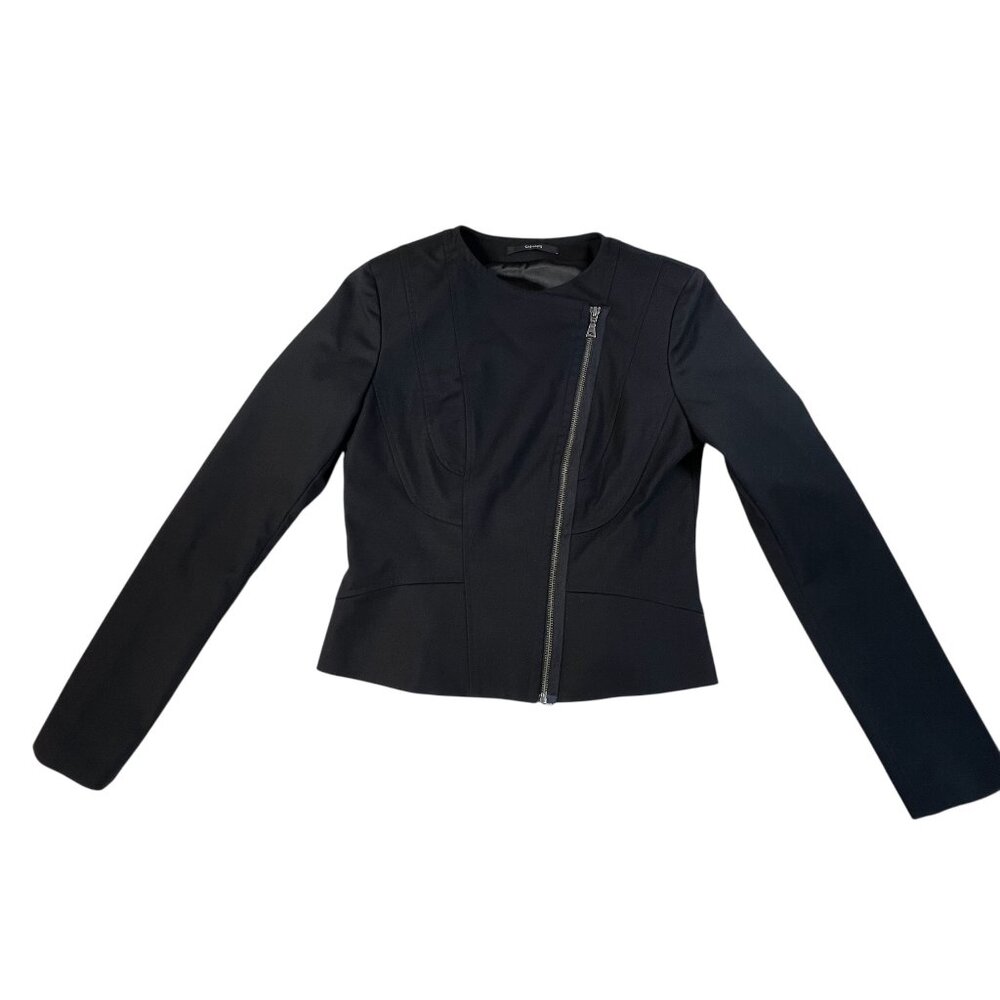 Tahari Black Asymmetric Zip Moto Blazer Structured Peplum Jacket No Tag S